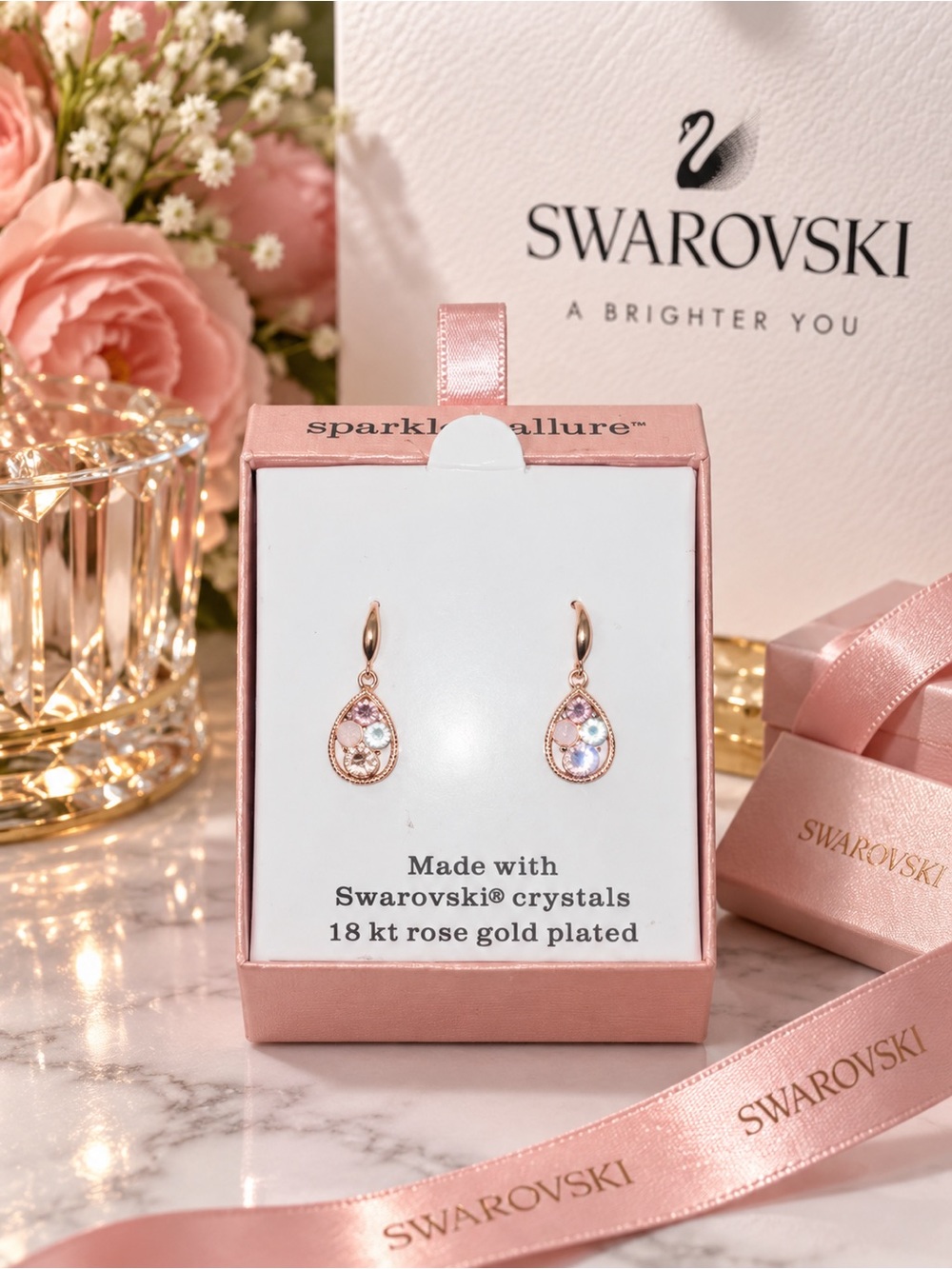 Sparkle Allure Swarovski Crystal Drop Earrings Rose Gold Plated NWT
